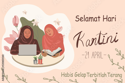 Happy Kartini Day. Girls in hijabs study, the backdrop of blooming magnolia, with a laptop and a book, get an education, access to education, struggle for women's rights, empowerment. Vector art.