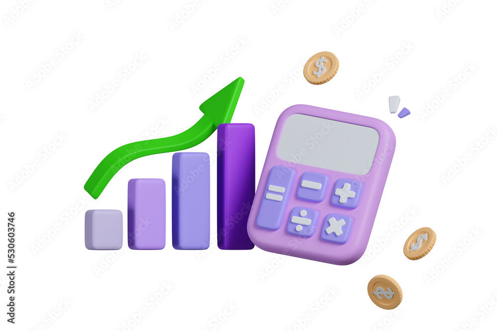 3D rendering bar chart on the calculator screen with money coins and increasing arrow. Business data analysis, Report, Planning concept. 3d render illustration - obrazy, fototapety, plakaty 
