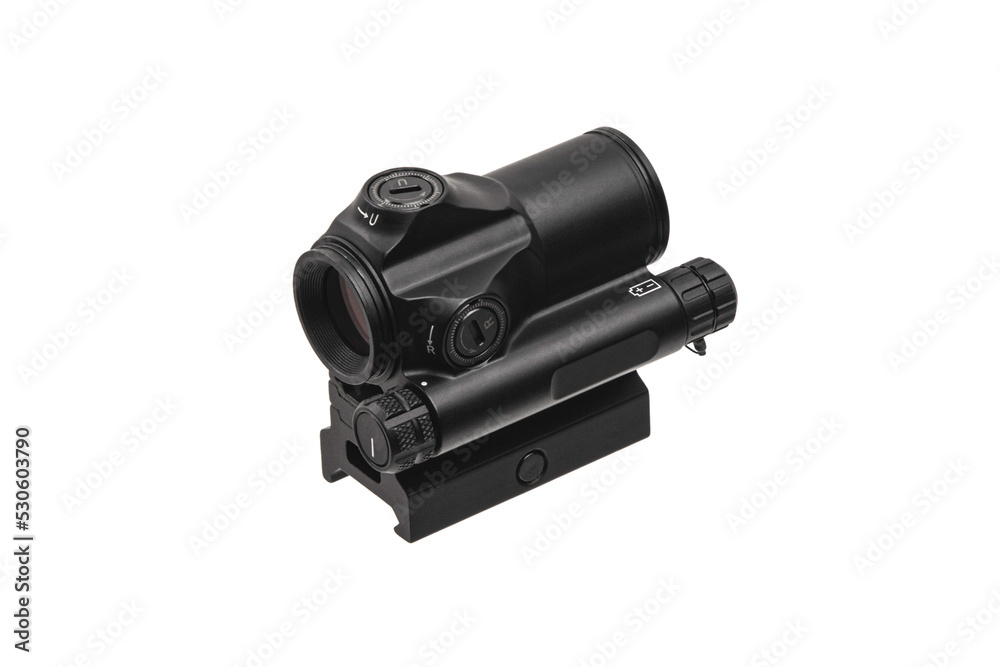 Modern optical collimator sight. Aiming device for shooting at short distances. Isolate on a white back. Modern optical collimator sight. Aiming device for shooting at short distances. Isolate on a white back.