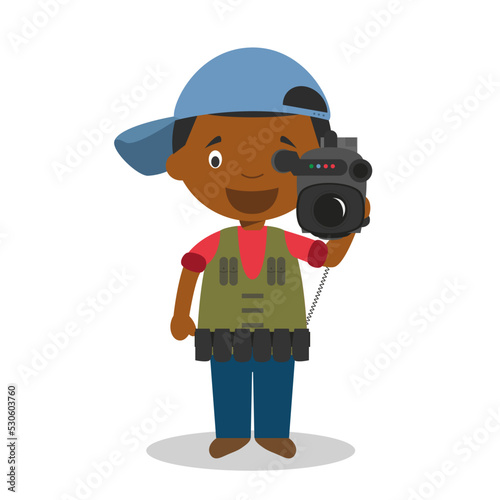 Cute cartoon vector illustration of a black or african american male cameraman.