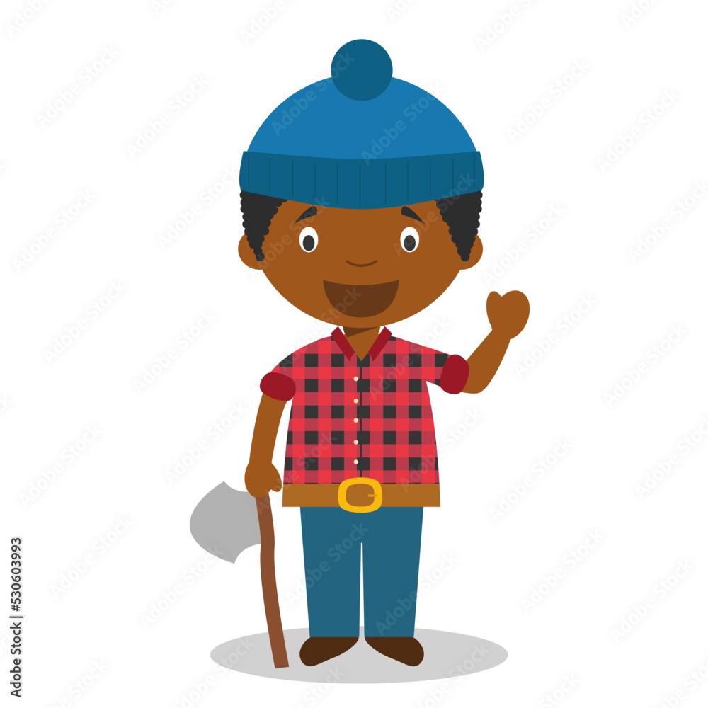 Cute cartoon vector illustration of a black or african american male lumberjack.
