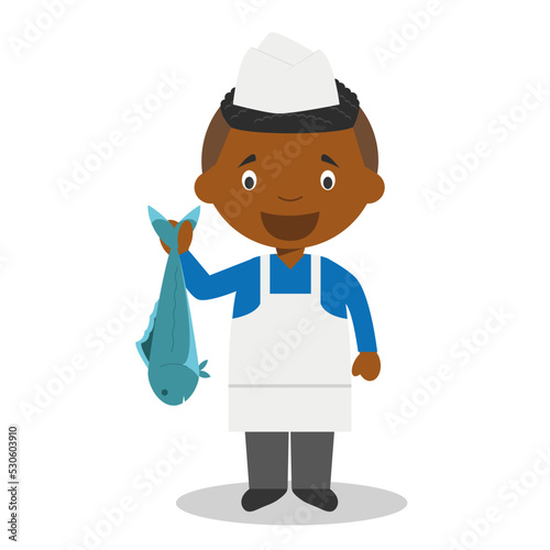 Cute cartoon vector illustration of a black or african american male fishmonger.