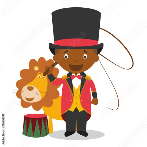 Cute cartoon vector illustration of a black or african american male lion tamer.