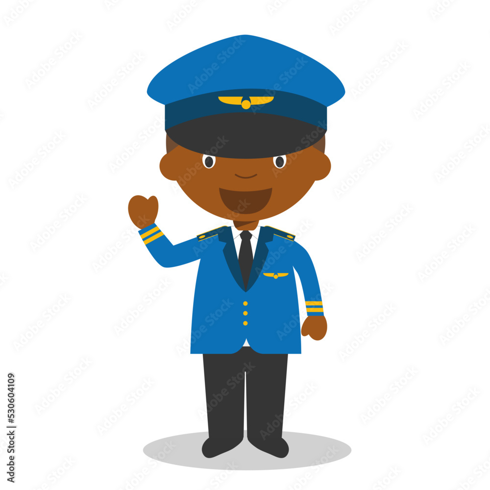 Cute cartoon vector illustration of a black or african american male pilot.