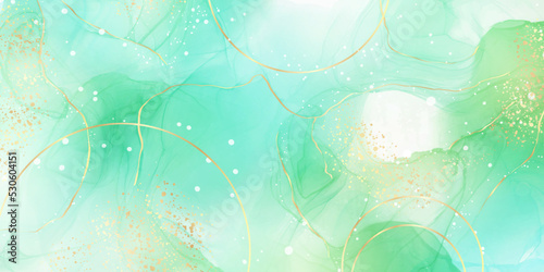 Royal cyan mint liquid marble watercolor background with white lines and brush stains. Teal green marbled alcohol ink drawing effect. Vector illustration backdrop, watercolour wedding invitation