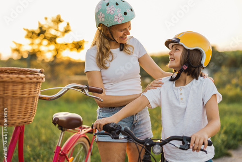 Mother and son enjoying a bike trip together 