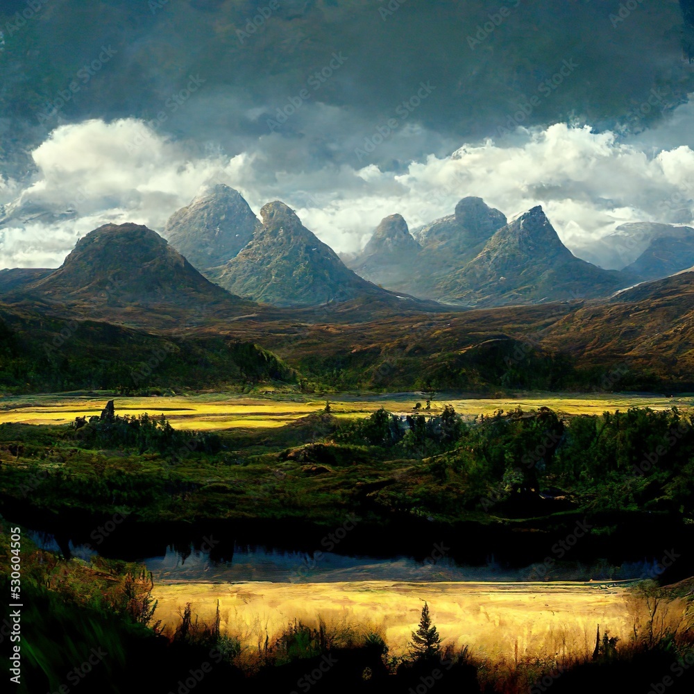 Landscape with mountains and gray sky Landscape with mountains and gray sky