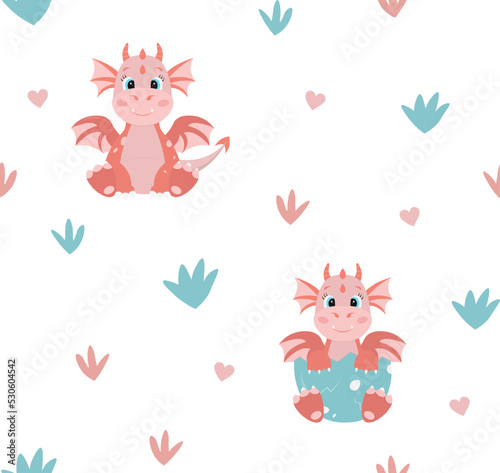 Seamless pattern with cute little cartoon red dragons and leaves. Perfect for fabric, wallpaper or wrapping paper.