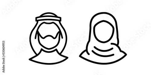 Saudi People line icon. Man and Woman in traditional Muslim shemakh head scarf. Arab couple outline shape. Vector illustration editable stroke
