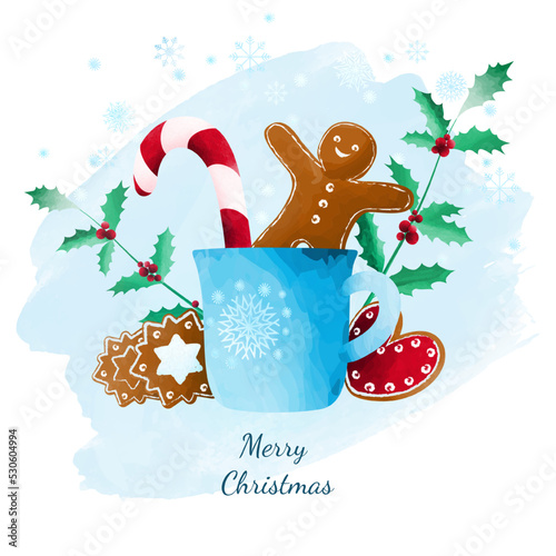 Christmas decorations: cup with hot chocolate and cookies. Greeting card, poster, flyer. Watercolor vector.