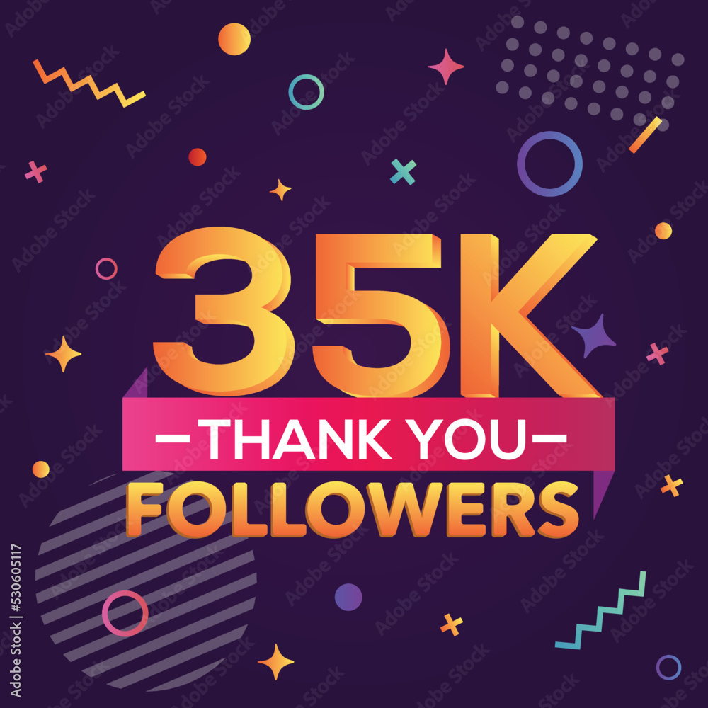 Thank you 35000 followers, thanks banner.First 35K follower congratulation card with geometric figures, lines, squares, circles for Social Networks.Web blogger celebrate a large number of subscribers. Thank you 35000 followers, thanks banner.First 35K follower congratulation card with geometric figures, lines, squares, circles for Social Networks.Web blogger celebrate a large number of subscribers.