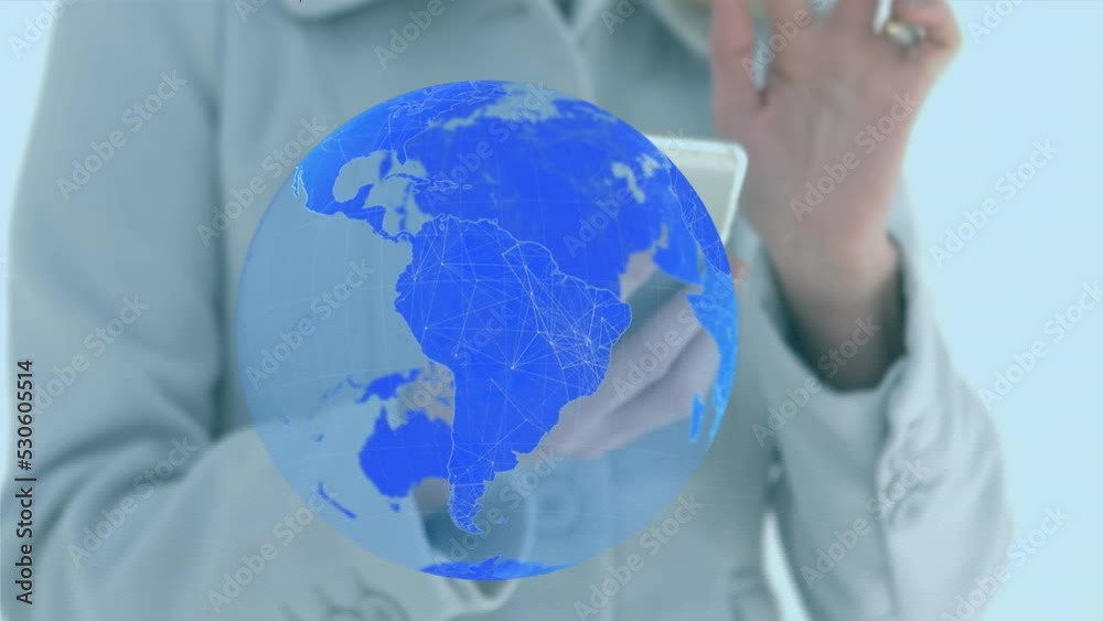 Animation of shapes and globe over caucasian woman using smartphone Animation of shapes and globe over caucasian woman using smartphone
