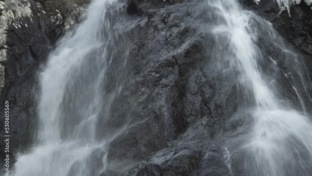 Waterfall splashing into a cascade of rocks.
Waterfall splashing into a cascade of rocks.