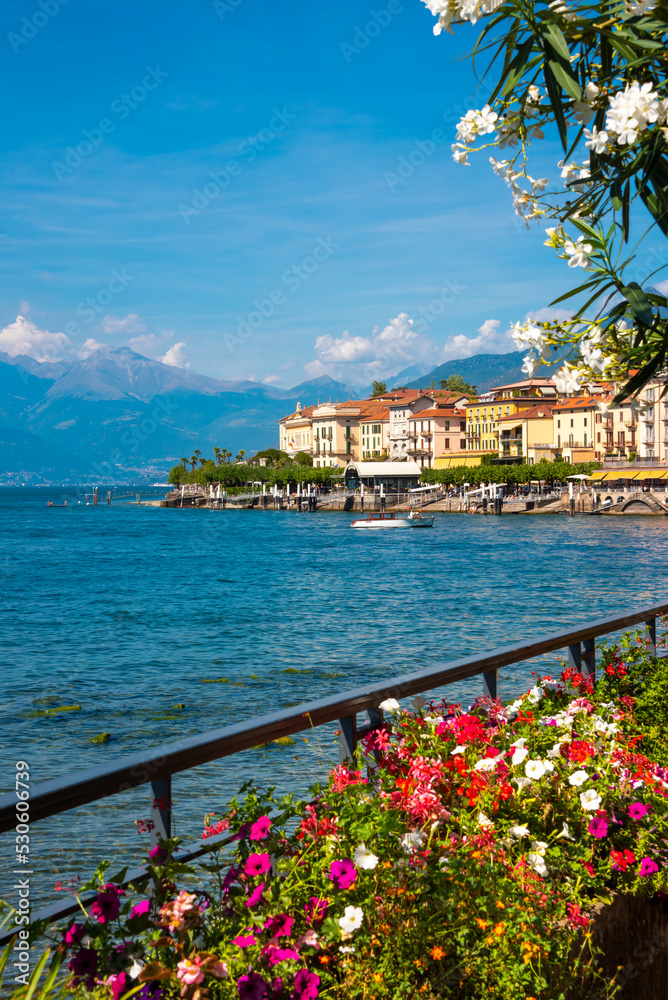 Beautiful coast of lake Como in summer with flowers, famous tourism destination