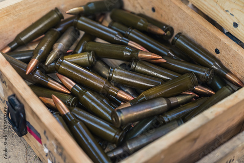 closeup view of rifle ammo bullets. High quality photo
