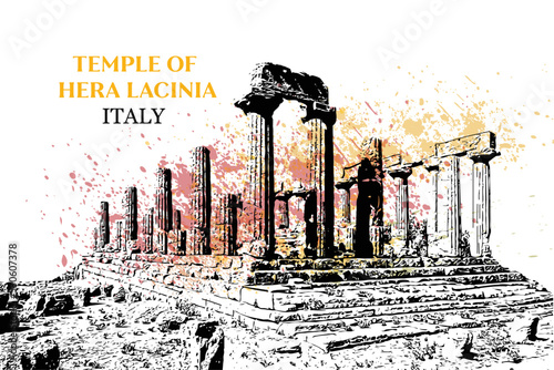 Temple of Hera Lacinia or Juno Lacinia, Italy, vector  illustration hand drawing