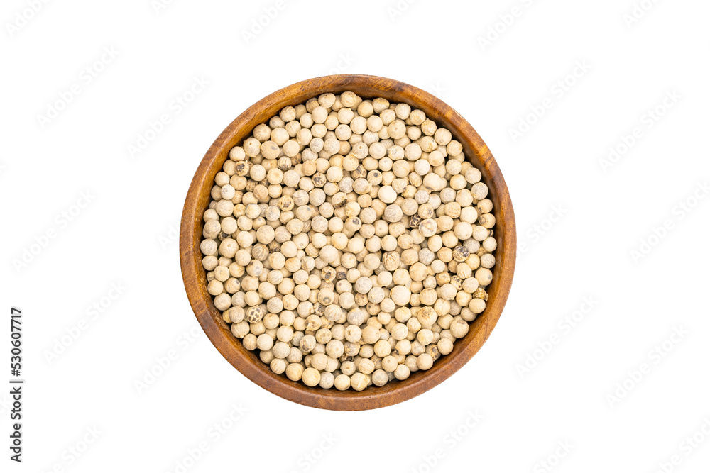 Top view or flat lay of fresh raw white pepper in wooden bowl isolated on white background with clipping path. Top view or flat lay of fresh raw white pepper in wooden bowl isolated on white background with clipping path.