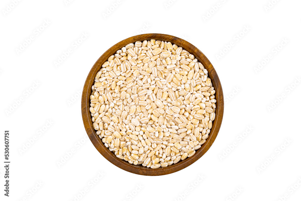 Top view or flat lay of fresh raw barley in wooden bowl isolated on white background with clipping path. Top view or flat lay of fresh raw barley in wooden bowl isolated on white background with clipping path.