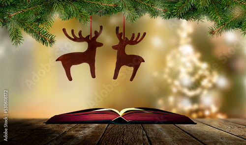 Buch mit Weihnachtsgeschichte vor Weihanchtsbaum