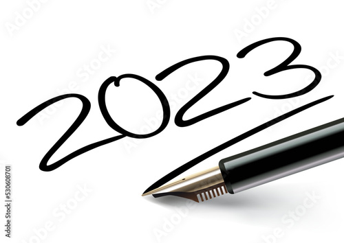 Vœux 2023 inscrit sur un papier blanc à l’encre noir avec un stylo plume et souligné comme une signature.