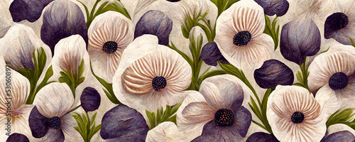 Fotografia Anemone flower wallpaper with textured background, purple flower painting, seaml