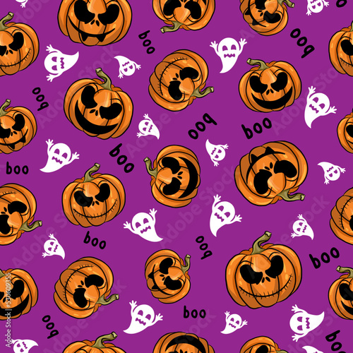 Halloween pattern with pumpkins und spooky, holiday banner, purple background with halloween elements, boo text, halloween print, horror pumpkins, halloween set, vector illustration