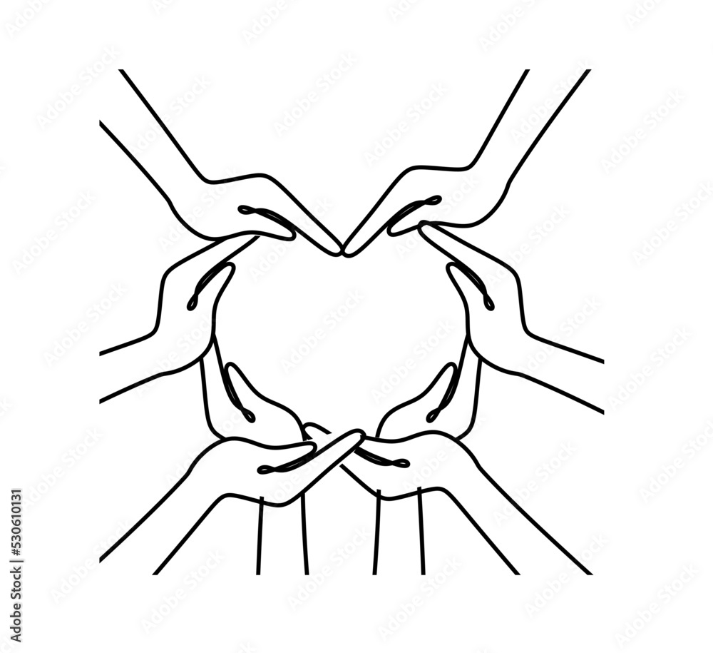 The concept of inclusion, equality and diversity. Hands form a heart. black and white one line illustration The concept of inclusion, equality and diversity. Hands form a heart. black and white one line illustration