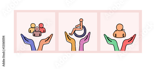 Inclusion, equality and diversity icons. Hands holding a person or employee and a person in a wheelchair. Employee protection. Black and white illustration