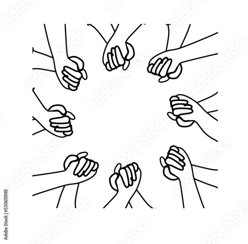 The concept of inclusion, equality and diversity. Hands hold each other and form a circle. black and white one line illustration