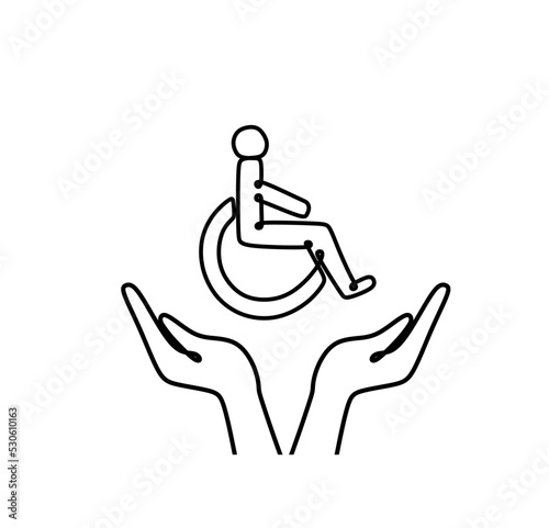 The concept of inclusion, equality and diversity. Hands holding a person in a wheelchair. Employee protection. Black and white illustration