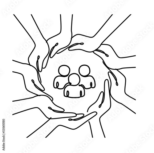 The concept of inclusion, equality and diversity. The hands form a circle around the employee or person. Employee protection. black and white one line illustration
