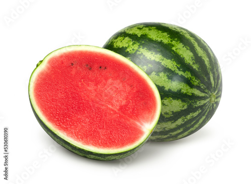Watermelon and half isolated on white background, Watermelon macro studio photo.