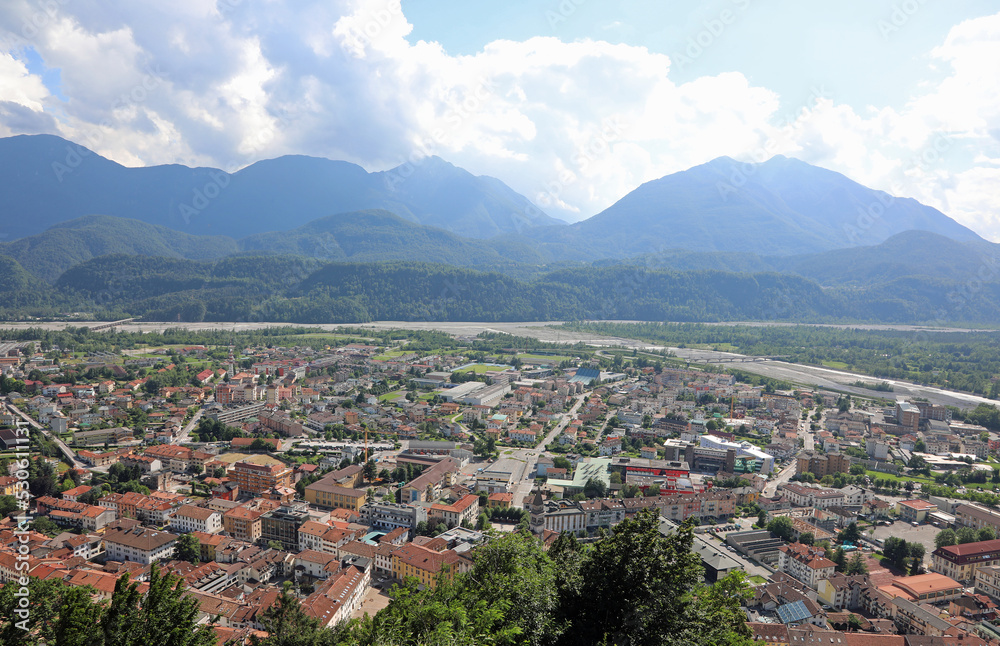 top view of the small town of TOLMEZZO in the province of Udine in the Friuli Venezia Giulia region in Italy