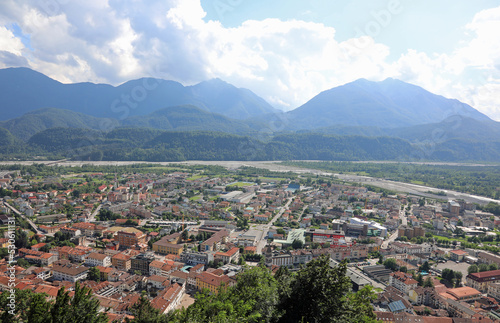 top view of the small town of TOLMEZZO in the province of Udine in the Friuli Venezia Giulia region in Italy