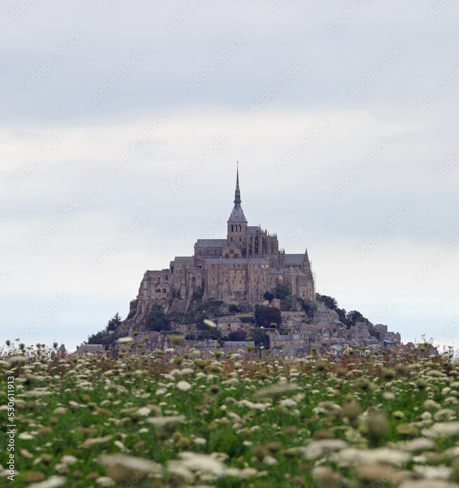 Hill with the famous French abbey of Mont Saint Michel In the North of France
