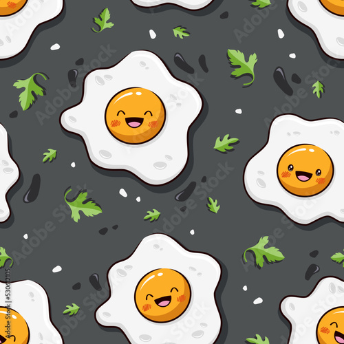 Seamless Pattern Cute Fried Egg On Dark Background, Cartoon Illustration