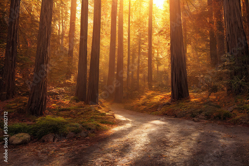 autumn forest scene by sunset with volumetric light