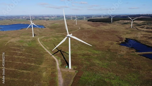 Aerial drone footage of wind turbines at Whitelee Windfarm in Eaglesham Moor, Scotland, UK photo