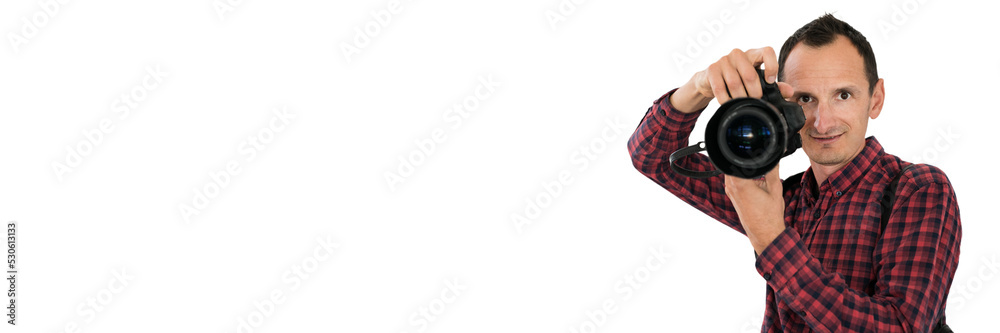 Smiling photographer. Png background. Smiling photographer. Png background.