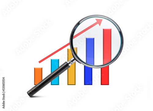 Magnifying glass showing growing bar graph