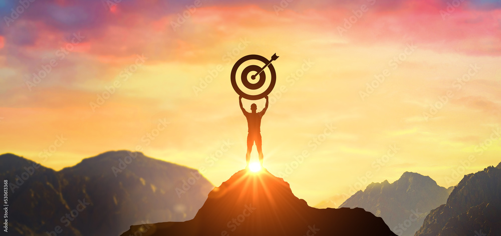 Successfully achieving your goal, Silhouette of businessman on mountain. Success Business Leadership, Winner on top. Concept of success - obrazy, fototapety, plakaty 
