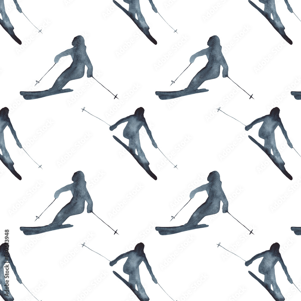 Pattern with hand drawn snowboarders. Winter vacation. Illustration in watercolor style.