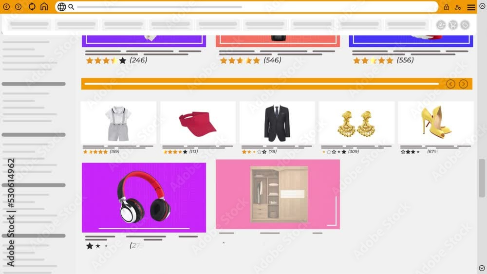 E-commerce website animation. sales, shopping, online shop,  webpage, web design, browser, interface, online marketing, 