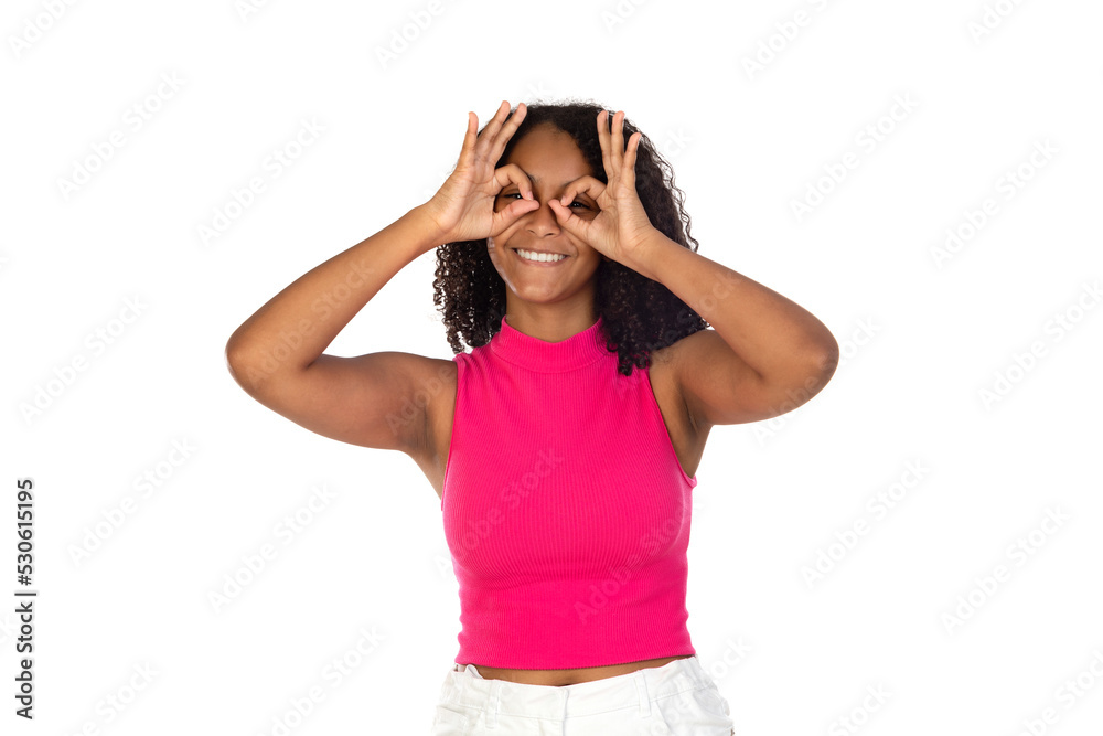 Young girl looking at camera through hole between thumb and index finger as if using glasses Young girl looking at camera through hole between thumb and index finger as if using glasses