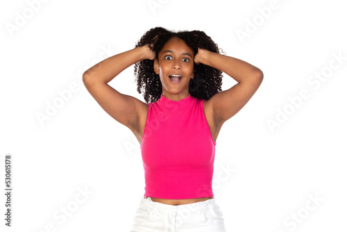 Surprised teenager girl wearing pink t-shirt