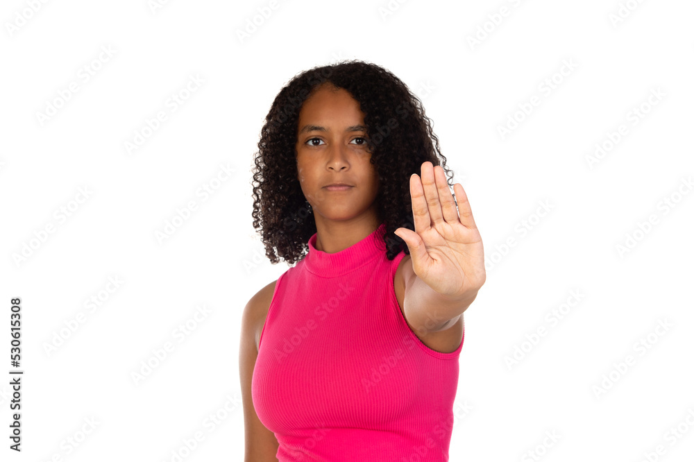 Young beautiful african american woman with afro hair doing stop sing with palm of the hand. Young beautiful african american woman with afro hair doing stop sing with palm of the hand.