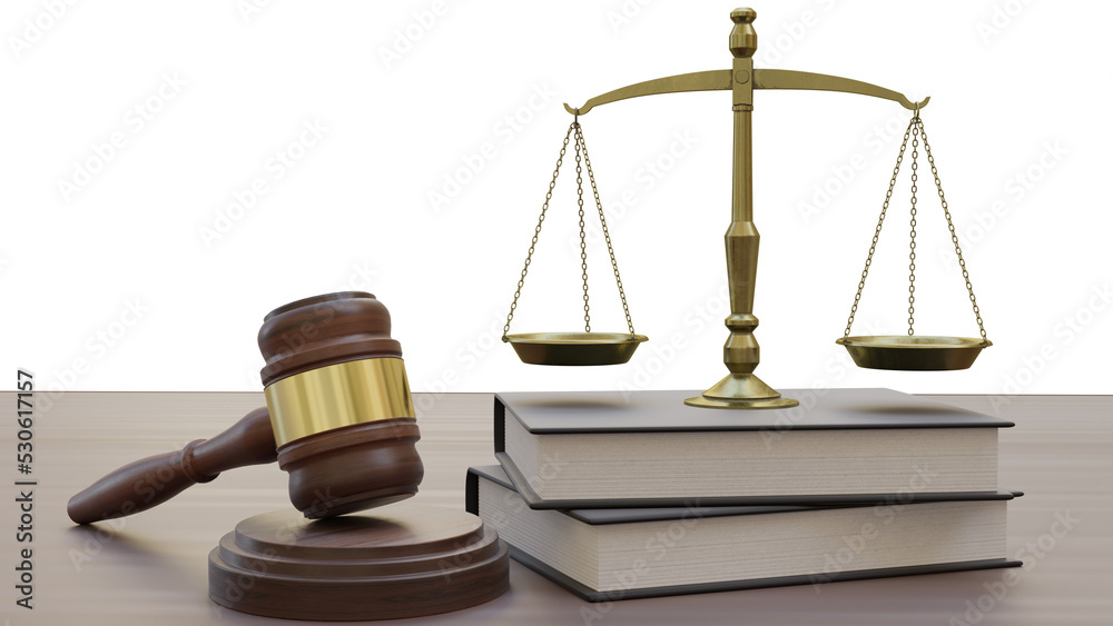 3D rendering illustration of a law hammer and a balance scale