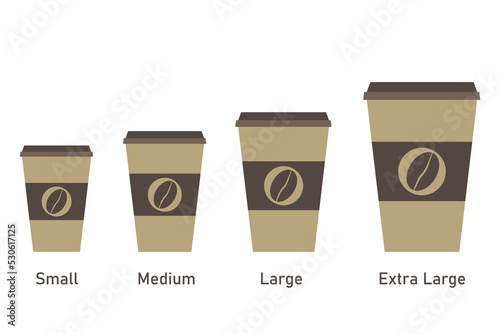 Black coffee cups different size set - s, m, l, xl. jpeg illustration. Paper takeaway coffee cups in line style isolated on white background. jpg image 