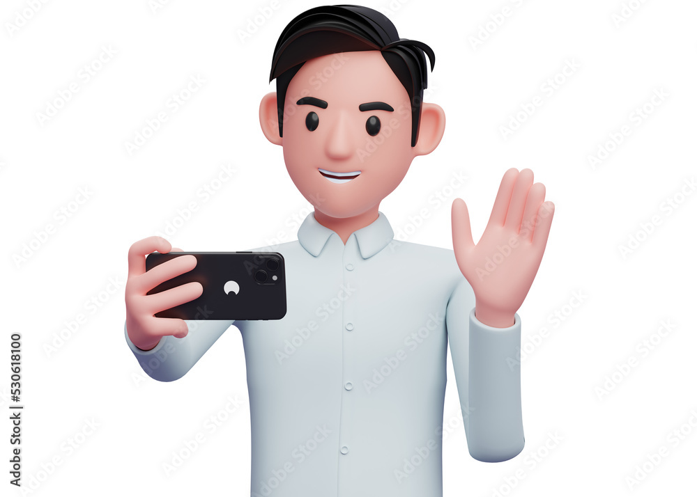 portrait of a businessman making a video call with a cell phone, 3d illustration of businessman holding phone portrait of a businessman making a video call with a cell phone, 3d illustration of businessman holding phone