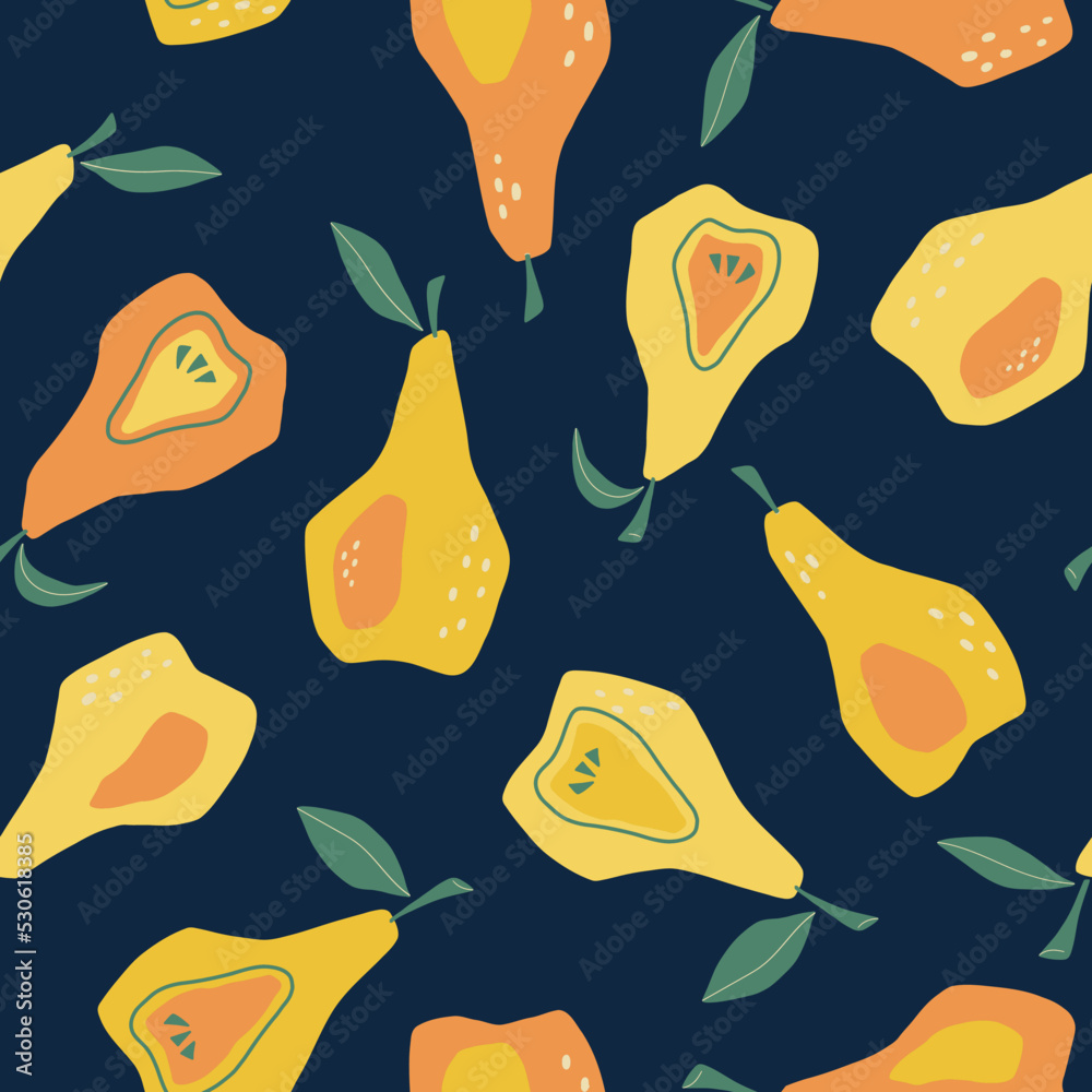 Naklejka premium Vector seamless pattern with abstract pears on the dark background. Flat style fruit. Hand drawn vector garden fruit illustration. For textiles, clothing, bed linen, office supplies.